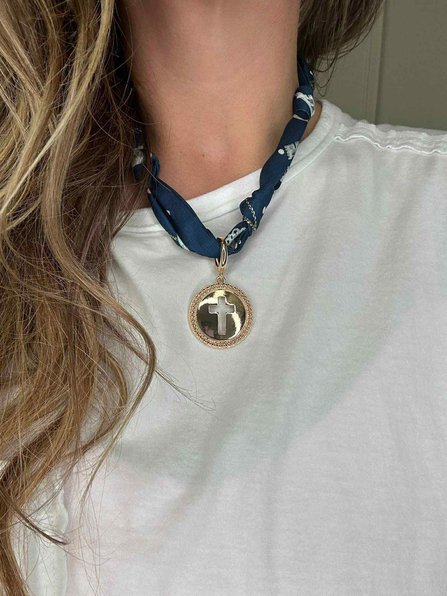 Blue Scarf Necklace with Cross Charm