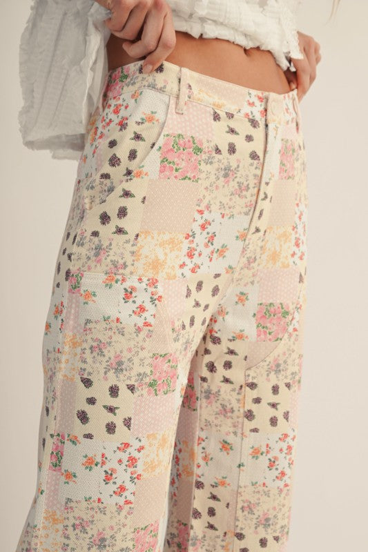 Floral Patchwork Wide Leg Denim