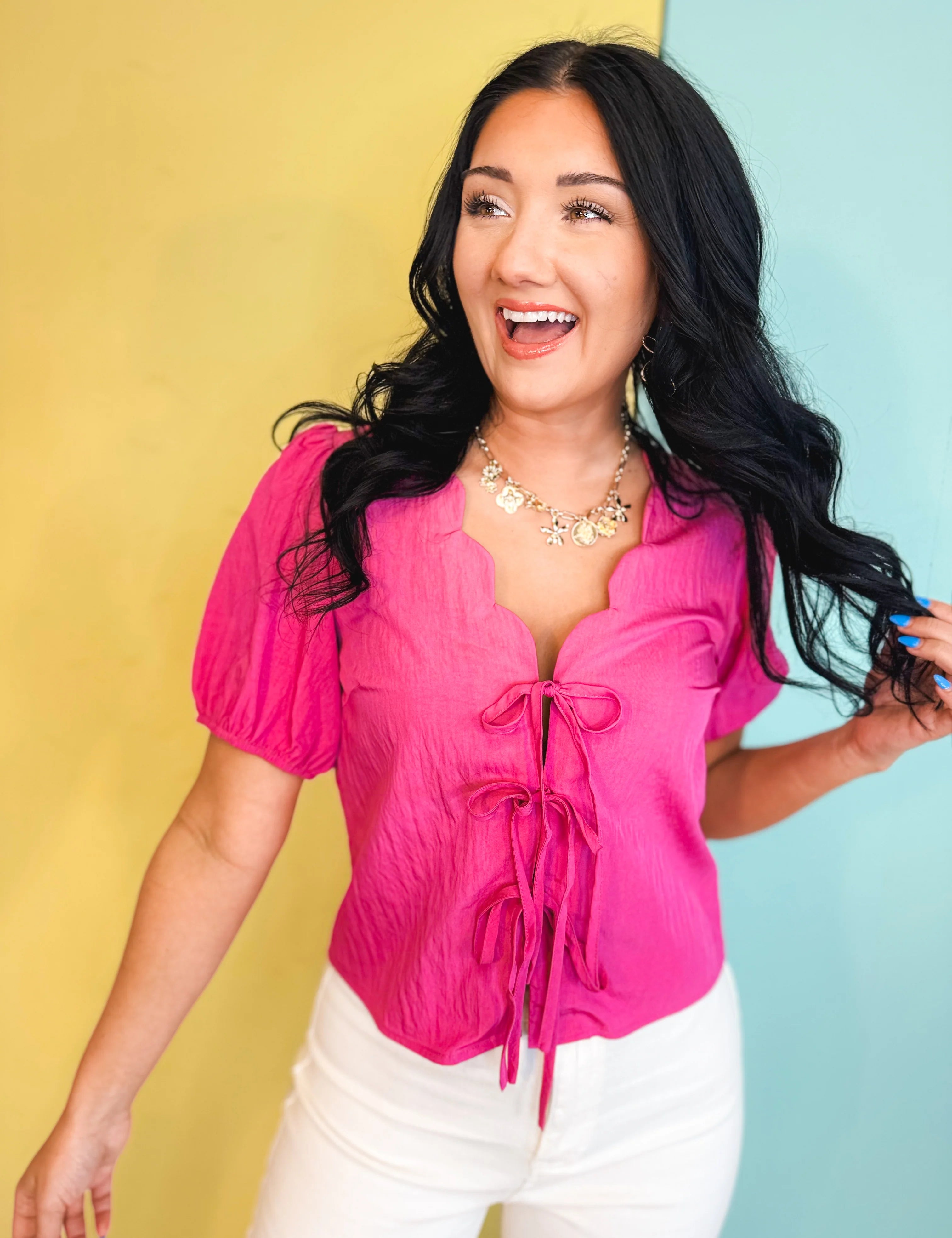 scalloped neck tie front blouse