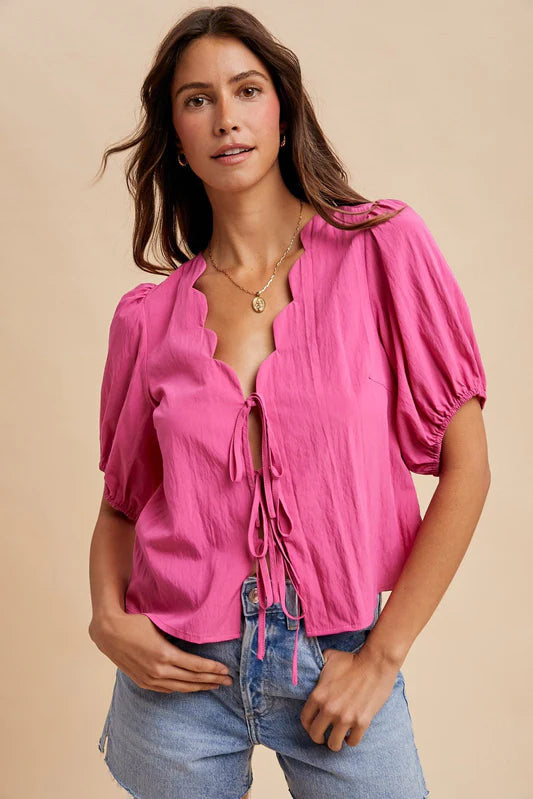 scalloped neck tie front blouse