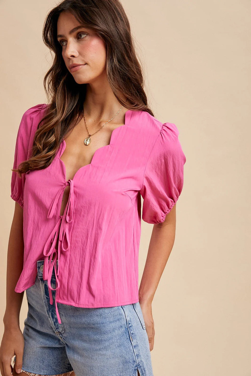 scalloped neck tie front blouse
