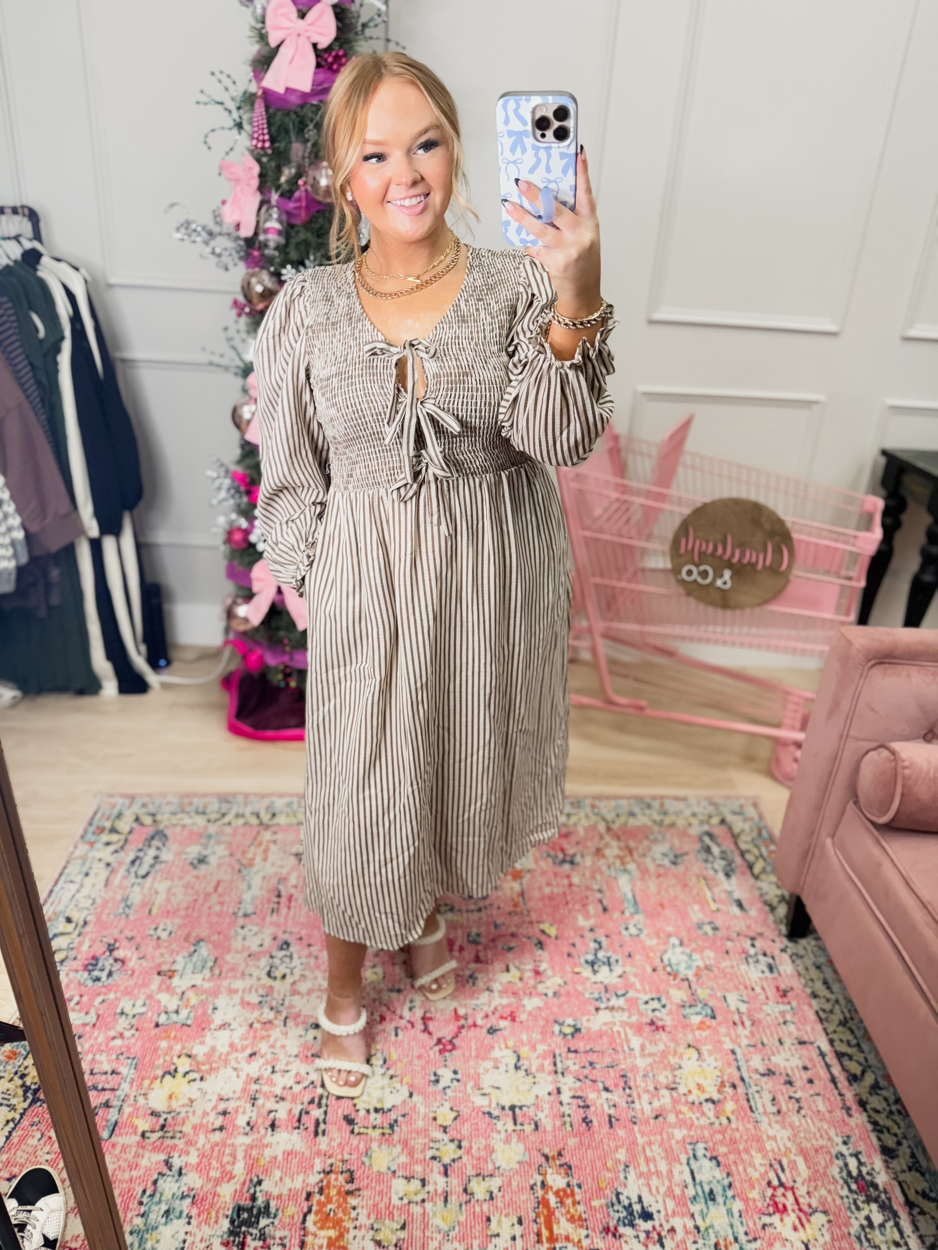 Stripe Bodice Bow Midi Dress