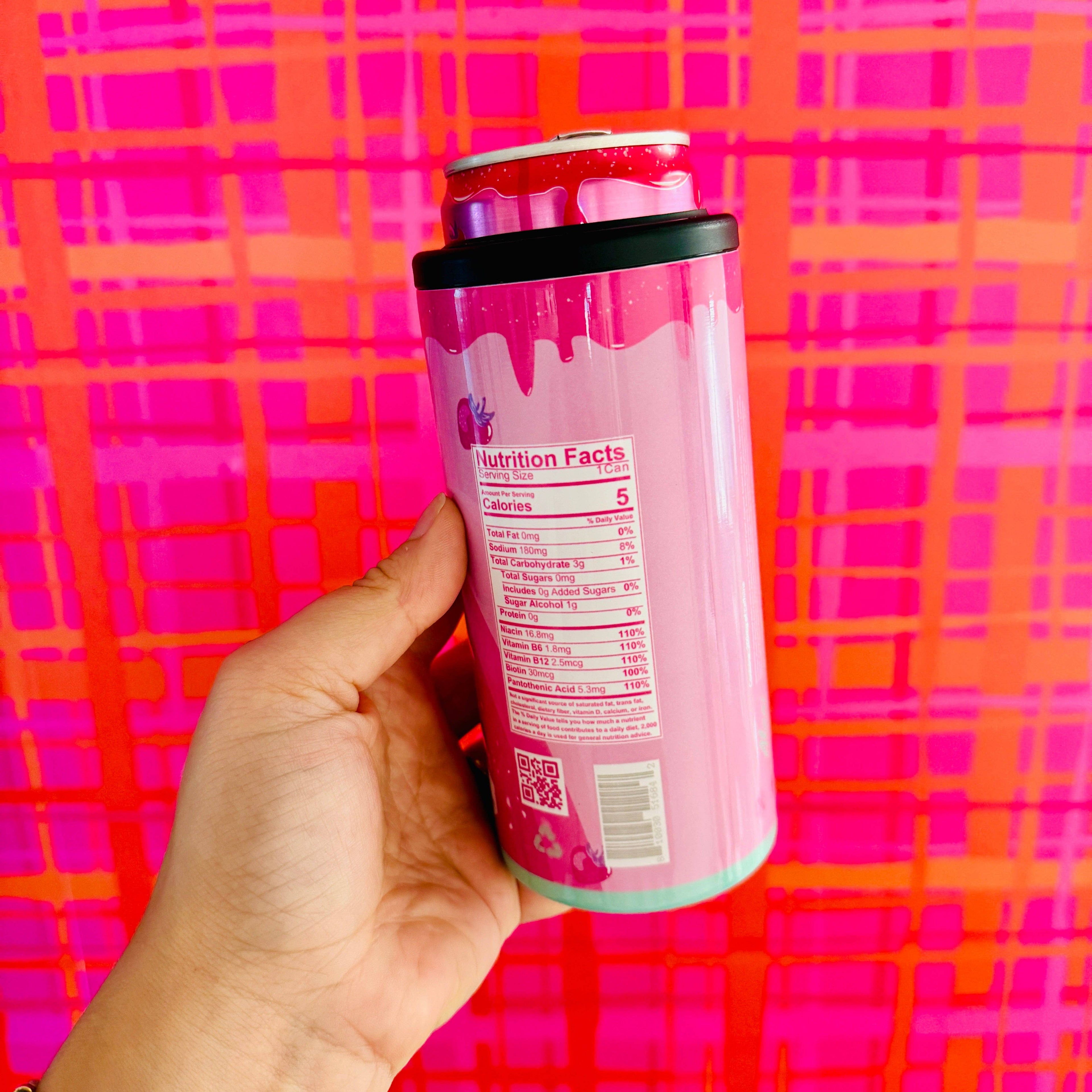 slim pink energy drink can cooler