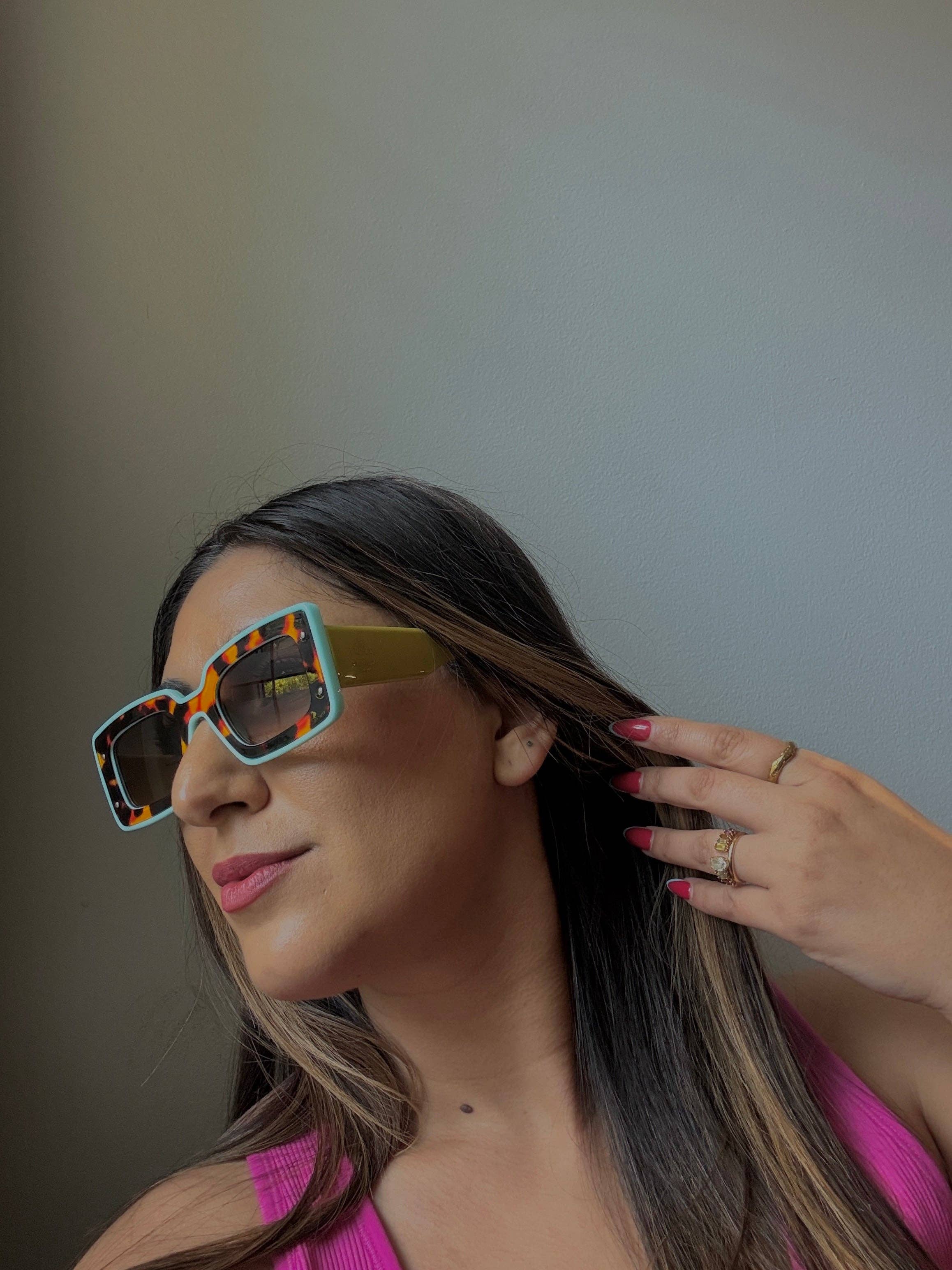 deco sunglasses chartreuse + sky blue